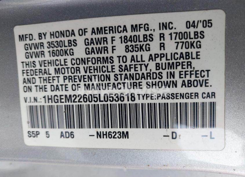 Photo 9 of 2005 Honda Civic LX (VIN 1HGEM22605L053618)