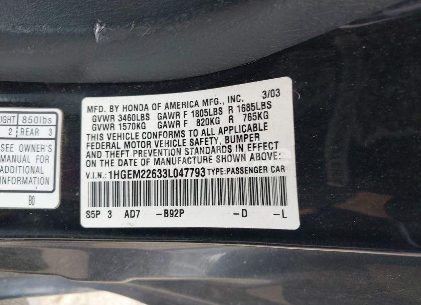 Photo 9 of 2003 Honda Civic LX (VIN 1HGEM22633L047793)