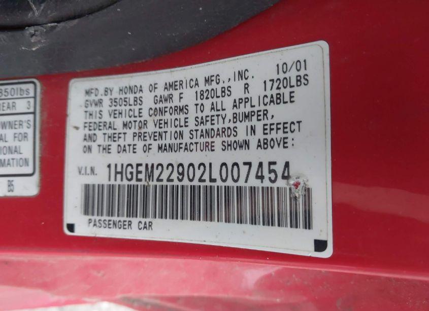 Photo 9 of 2002 Honda Civic EX (VIN 1HGEM22902L007454)