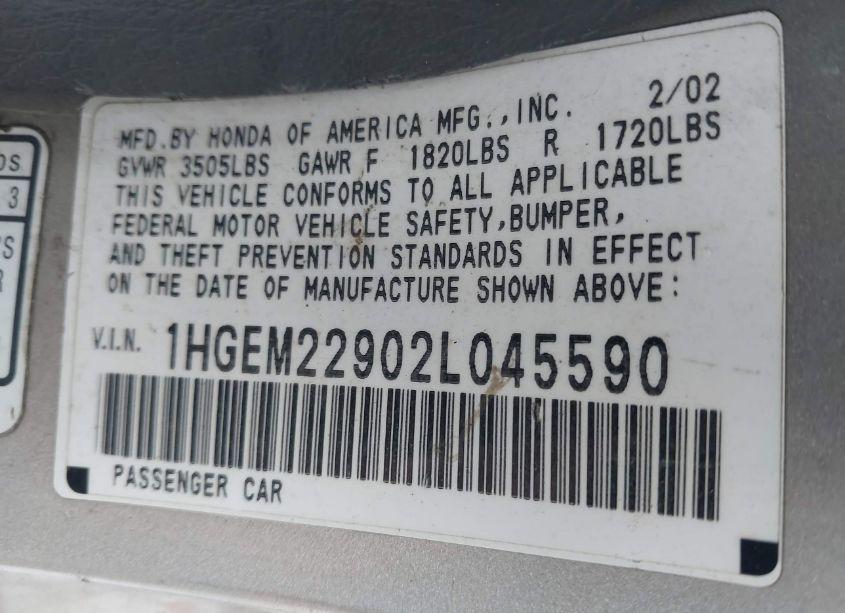 Photo 9 of 2002 Honda Civic EX (VIN 1HGEM22902L045590)