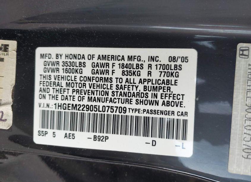 Photo 9 of 2005 Honda Civic EX (VIN 1HGEM22905L075709)
