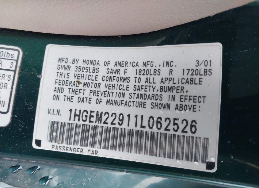 Photo 9 of 2001 Honda Civic EX (VIN 1HGEM22911L062526)