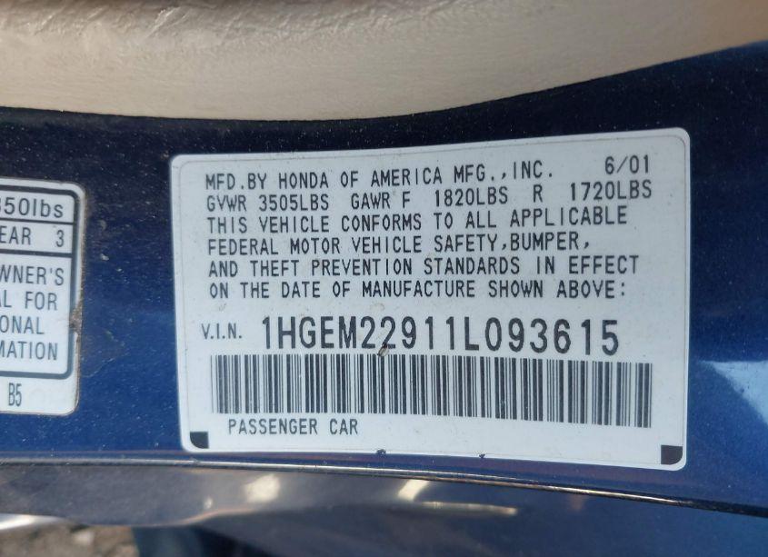 Photo 9 of 2001 Honda Civic EX (VIN 1HGEM22911L093615)