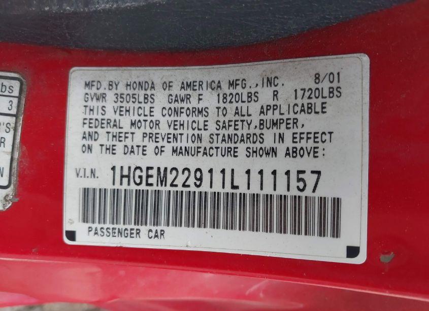 Photo 9 of 2001 Honda Civic EX (VIN 1HGEM22911L111157)