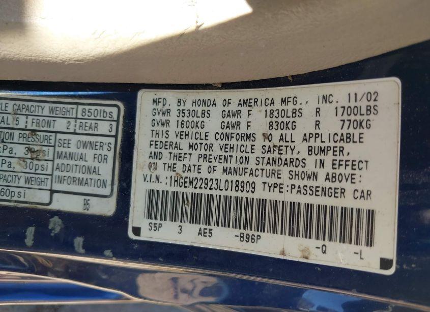 Photo 9 of 2003 Honda Civic EX (VIN 1HGEM22923L018909)