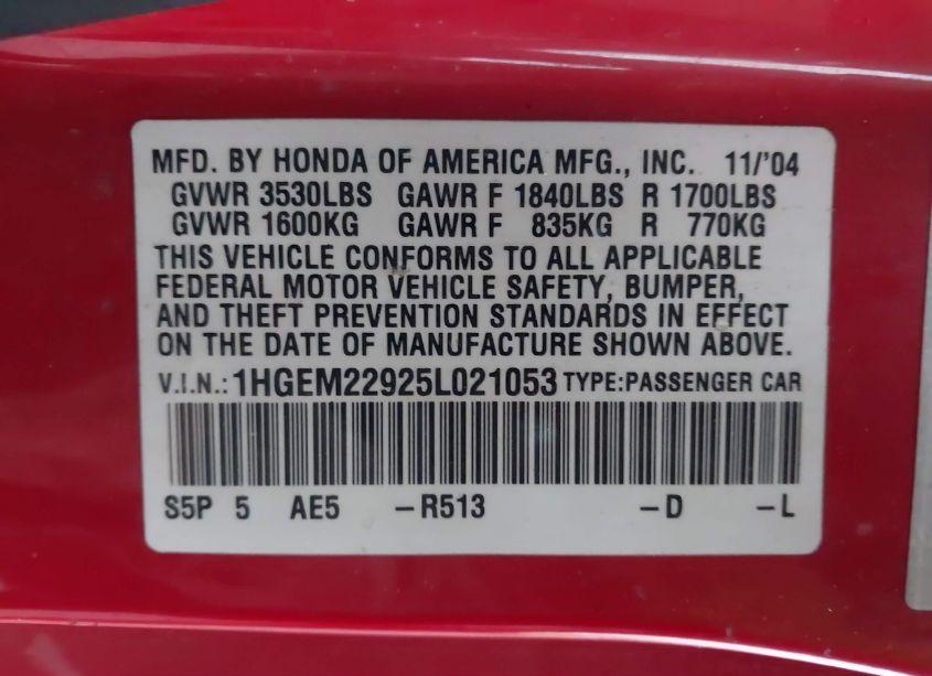 Photo 9 of 2005 Honda Civic EX (VIN 1HGEM22925L021053)