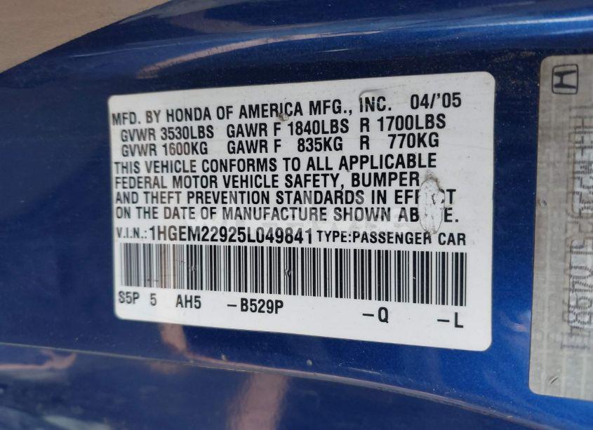 Photo 9 of 2005 Honda Civic EX (VIN 1HGEM22925L049841)