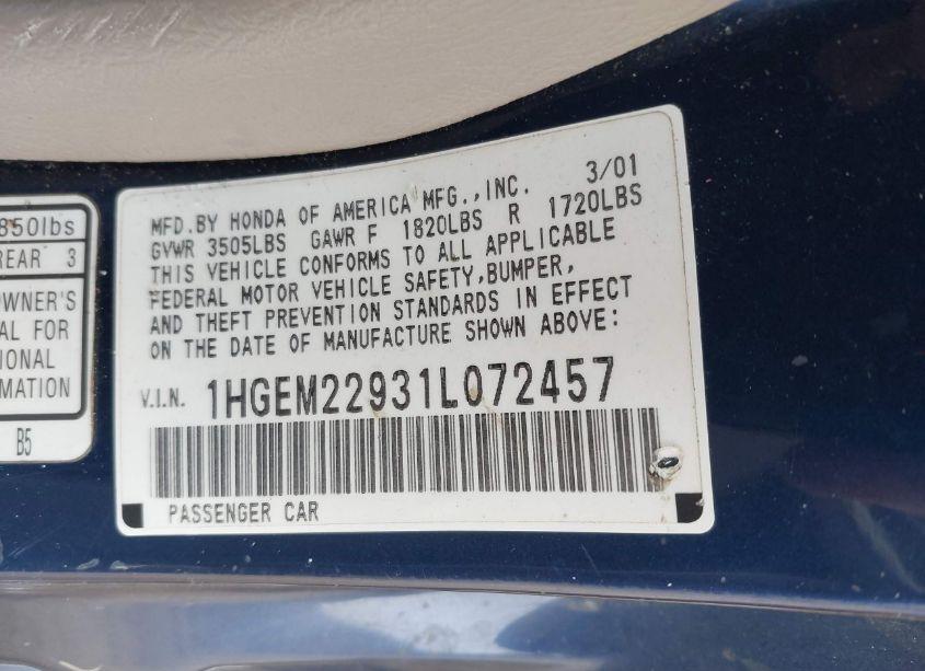 Photo 9 of 2001 Honda Civic EX (VIN 1HGEM22931L072457)