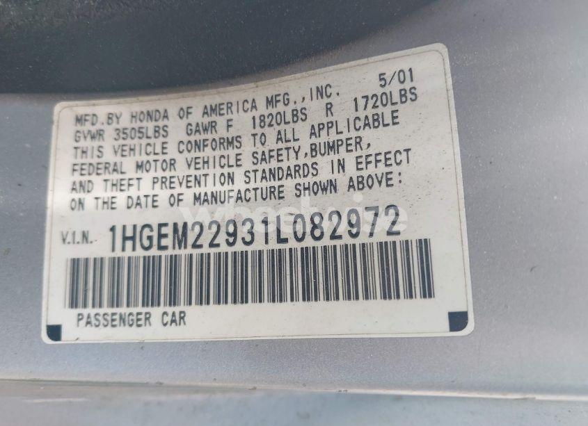 Photo 9 of 2001 Honda Civic EX (VIN 1HGEM22931L082972)