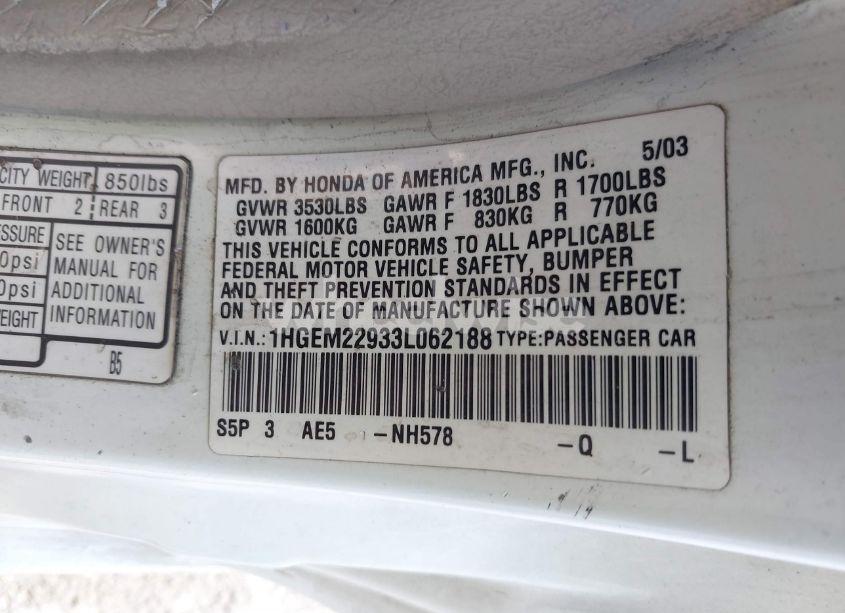 Photo 9 of 2003 Honda Civic EX (VIN 1HGEM22933L062188)