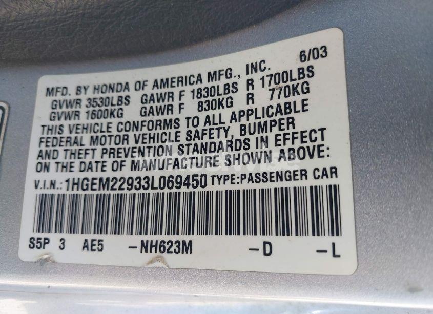 Photo 9 of 2003 Honda Civic EX (VIN 1HGEM22933L069450)