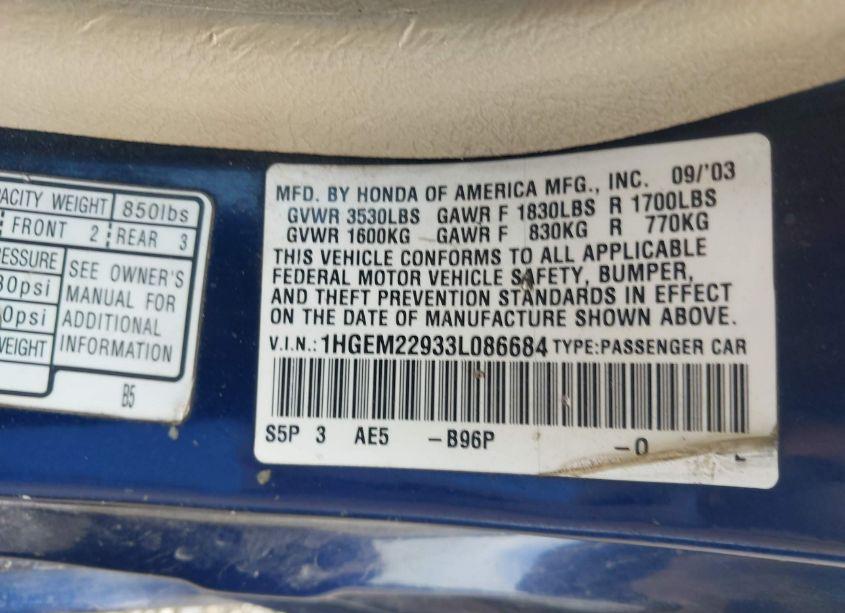 Photo 9 of 2003 Honda Civic EX (VIN 1HGEM22933L086684)