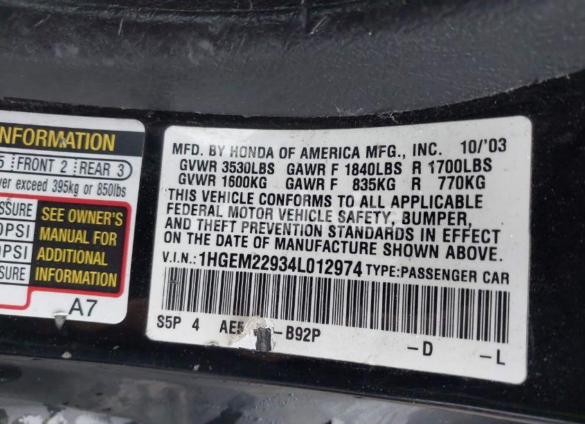 Photo 9 of 2004 Honda Civic EX (VIN 1HGEM22934L012974)