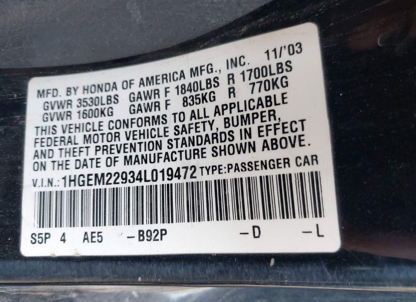 Photo 9 of 2004 Honda Civic EX (VIN 1HGEM22934L019472)