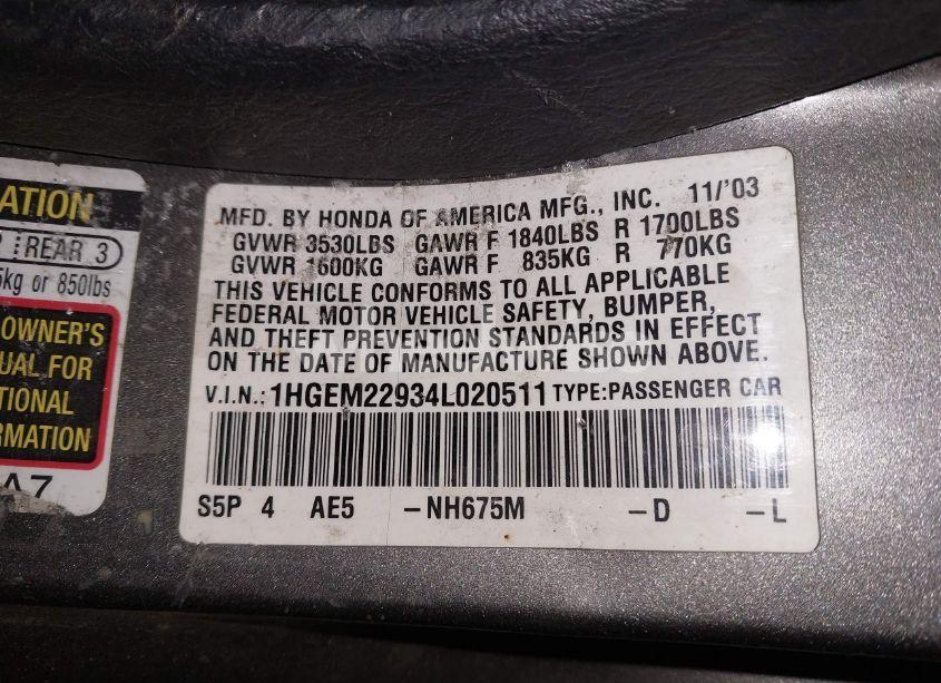 Photo 9 of 2004 Honda Civic EX (VIN 1HGEM22934L020511)