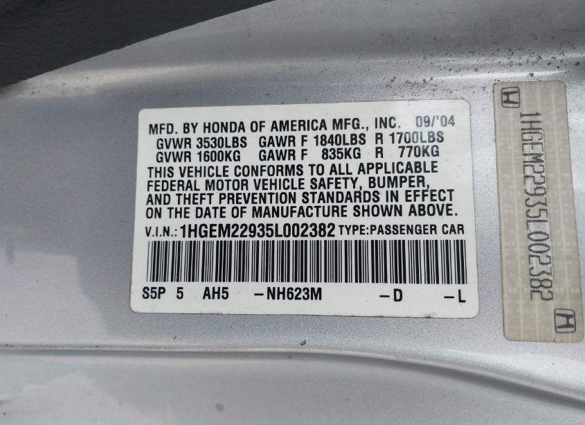 Photo 9 of 2005 Honda Civic EX (VIN 1HGEM22935L002382)