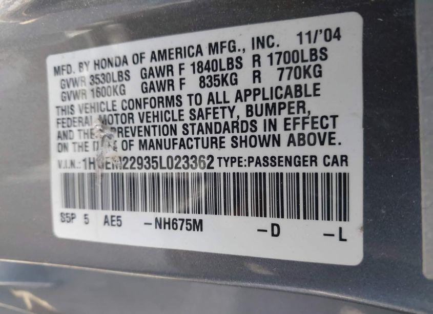 Photo 9 of 2005 Honda Civic EX (VIN 1HGEM22935L023362)