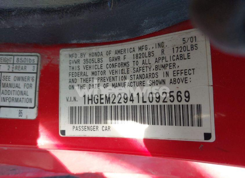 Photo 9 of 2001 Honda Civic EX (VIN 1HGEM22941L092569)