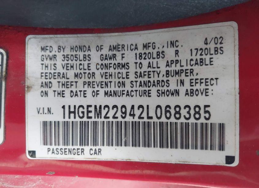 Photo 9 of 2002 Honda Civic EX (VIN 1HGEM22942L068385)