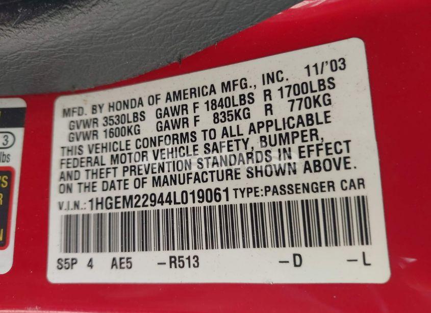 Photo 9 of 2004 Honda Civic EX (VIN 1HGEM22944L019061)