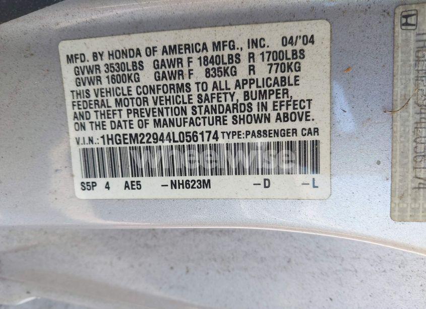 Photo 9 of 2004 Honda Civic EX (VIN 1HGEM22944L056174)