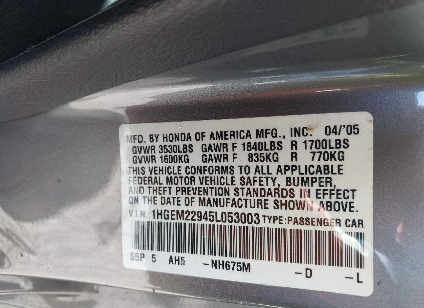 Photo 9 of 2005 Honda Civic EX (VIN 1HGEM22945L053003)