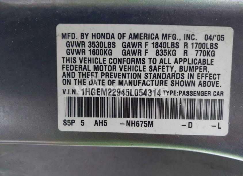 Photo 9 of 2005 Honda Civic EX (VIN 1HGEM22945L054314)
