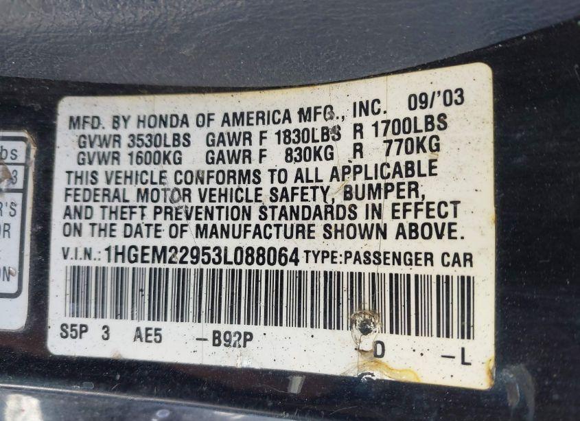 Photo 8 of 2003 Honda Civic EX (VIN 1HGEM22953L088064)