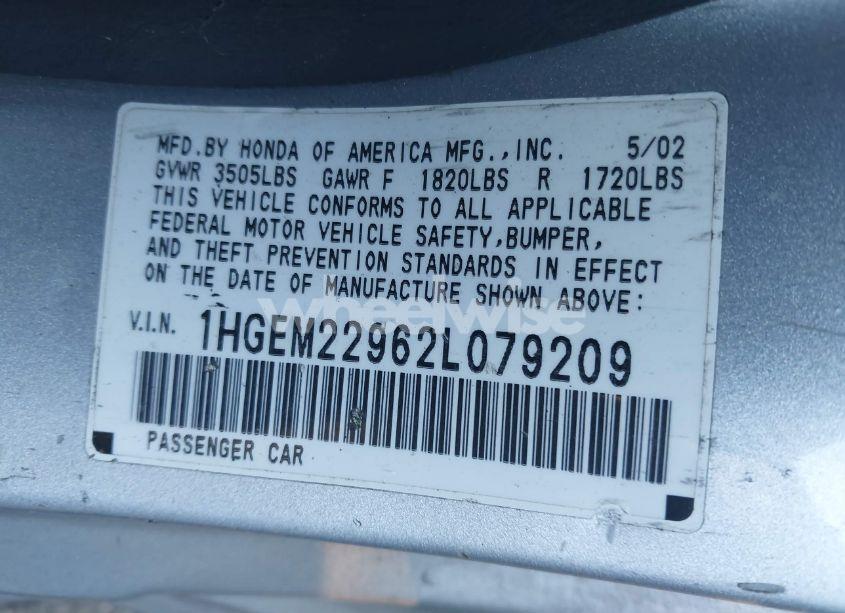 Photo 9 of 2002 Honda Civic EX (VIN 1HGEM22962L079209)