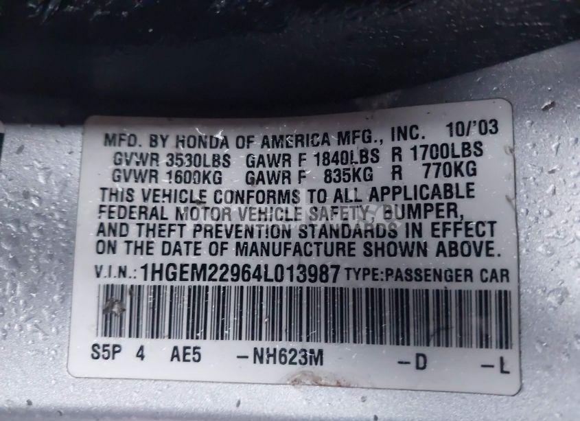 Photo 9 of 2004 Honda Civic EX (VIN 1HGEM22964L013987)