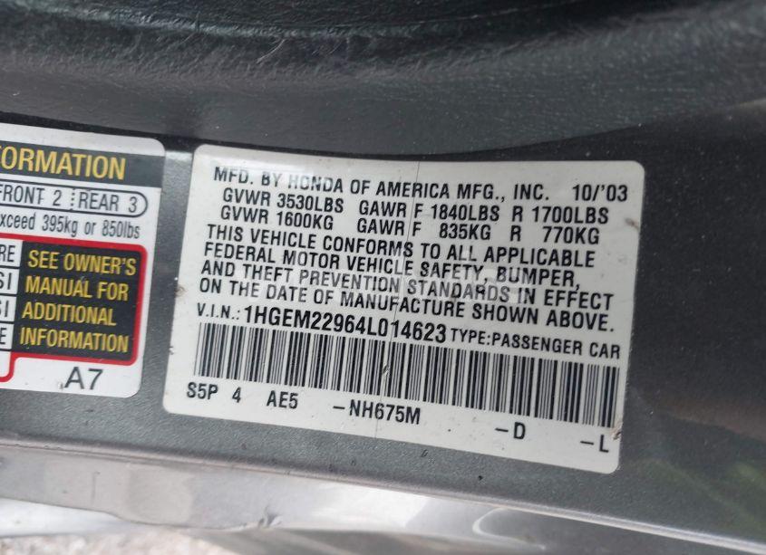 Photo 9 of 2004 Honda Civic EX (VIN 1HGEM22964L014623)