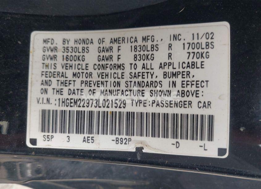 Photo 9 of 2003 Honda Civic EX (VIN 1HGEM22973L021529)