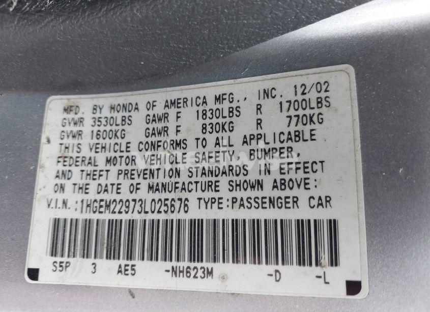 Photo 9 of 2003 Honda Civic EX (VIN 1HGEM22973L025676)