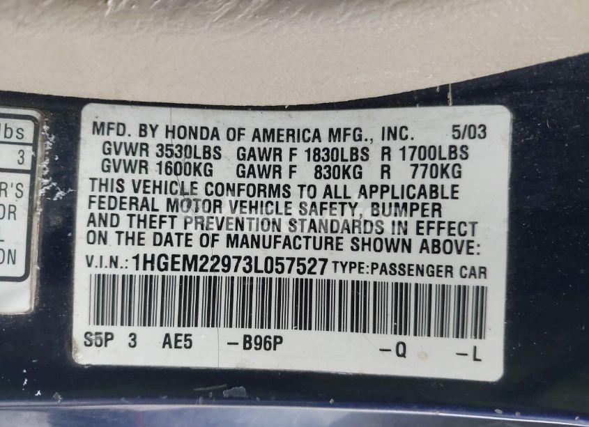 Photo 9 of 2003 Honda Civic EX (VIN 1HGEM22973L057527)