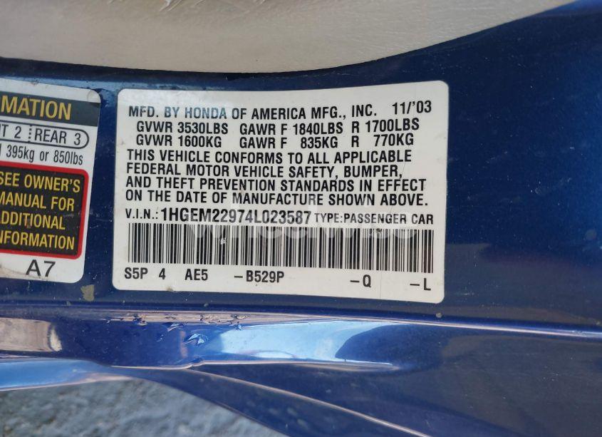 Photo 9 of 2004 Honda Civic EX (VIN 1HGEM22974L023587)