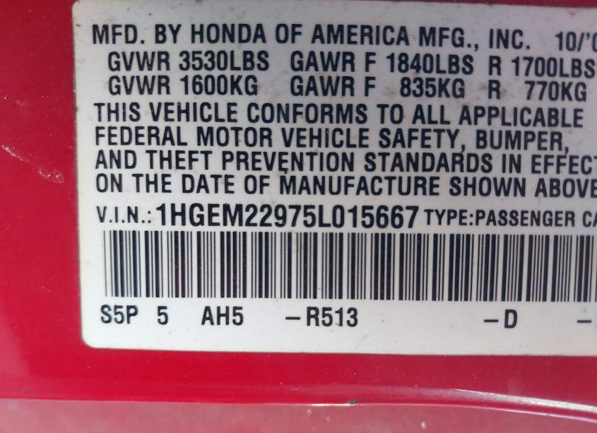 Photo 9 of 2005 Honda Civic EX (VIN 1HGEM22975L015667)