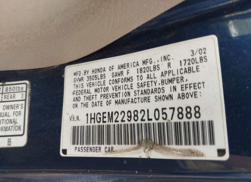 Photo 9 of 2002 Honda Civic EX (VIN 1HGEM22982L057888)