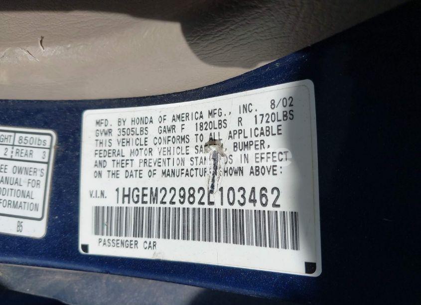 Photo 9 of 2002 Honda Civic EX (VIN 1HGEM22982L103462)