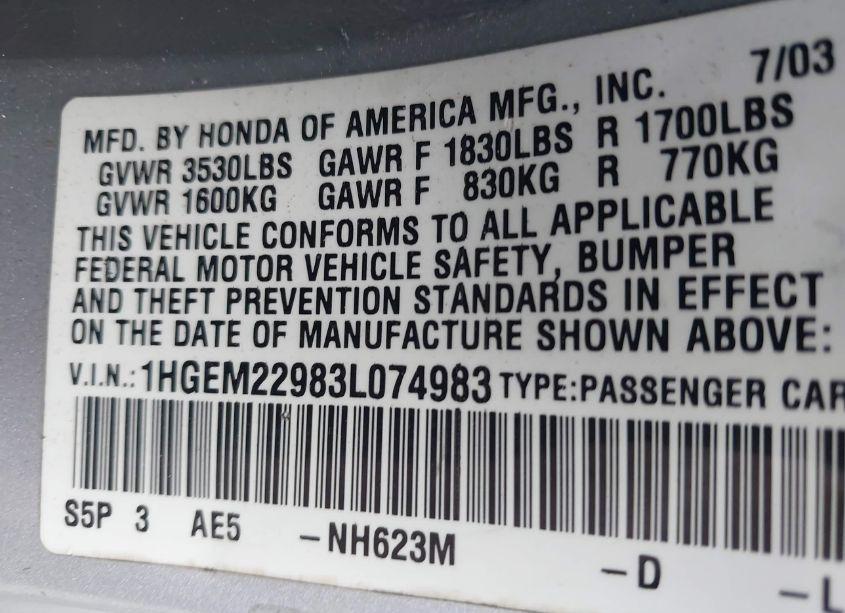 Photo 9 of 2003 Honda Civic EX (VIN 1HGEM22983L074983)