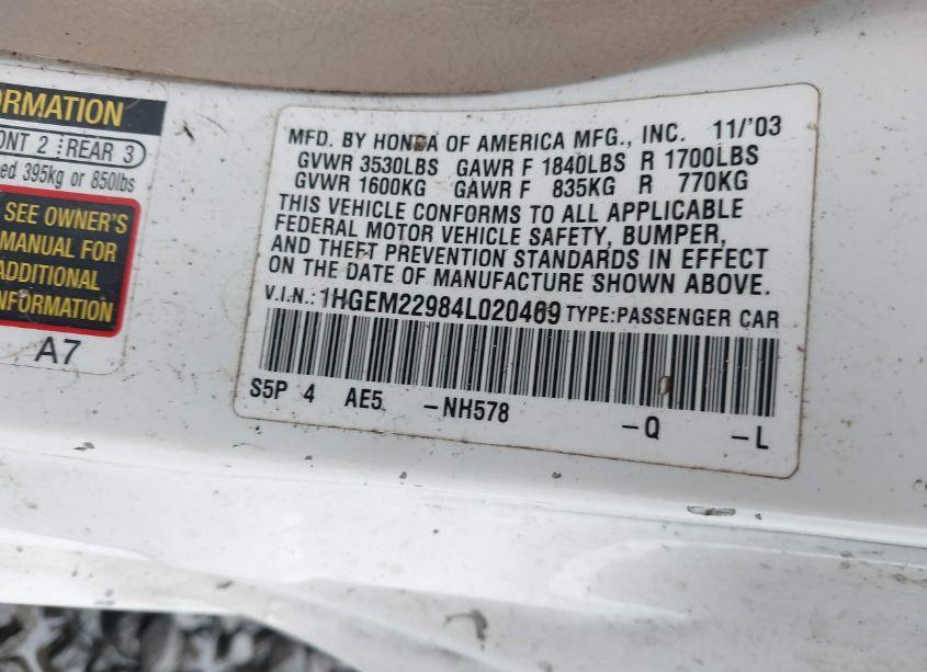 Photo 9 of 2004 Honda Civic EX (VIN 1HGEM22984L020469)