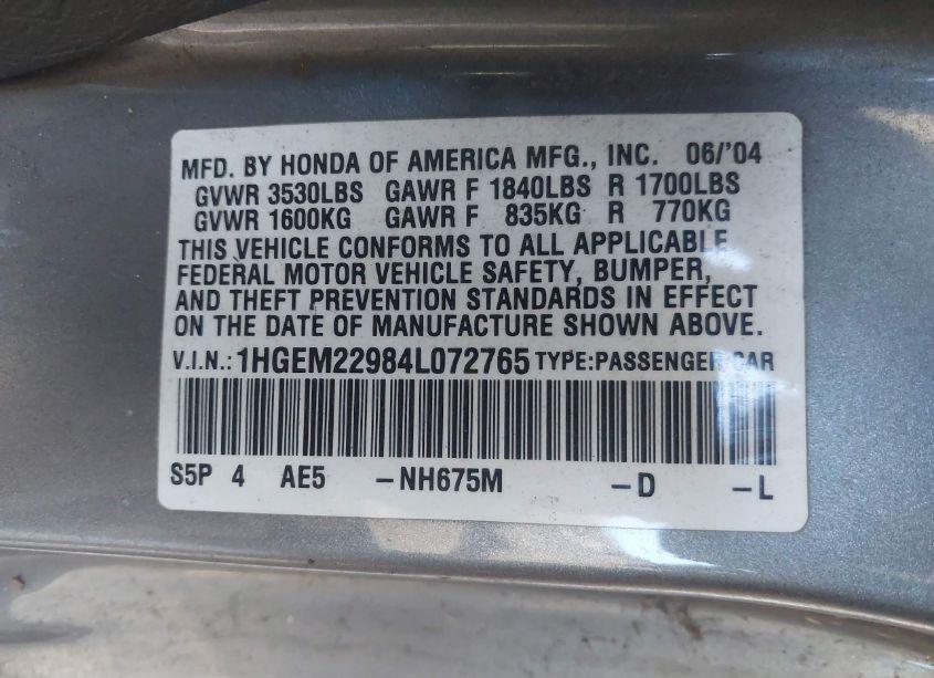 Photo 9 of 2004 Honda Civic EX (VIN 1HGEM22984L072765)