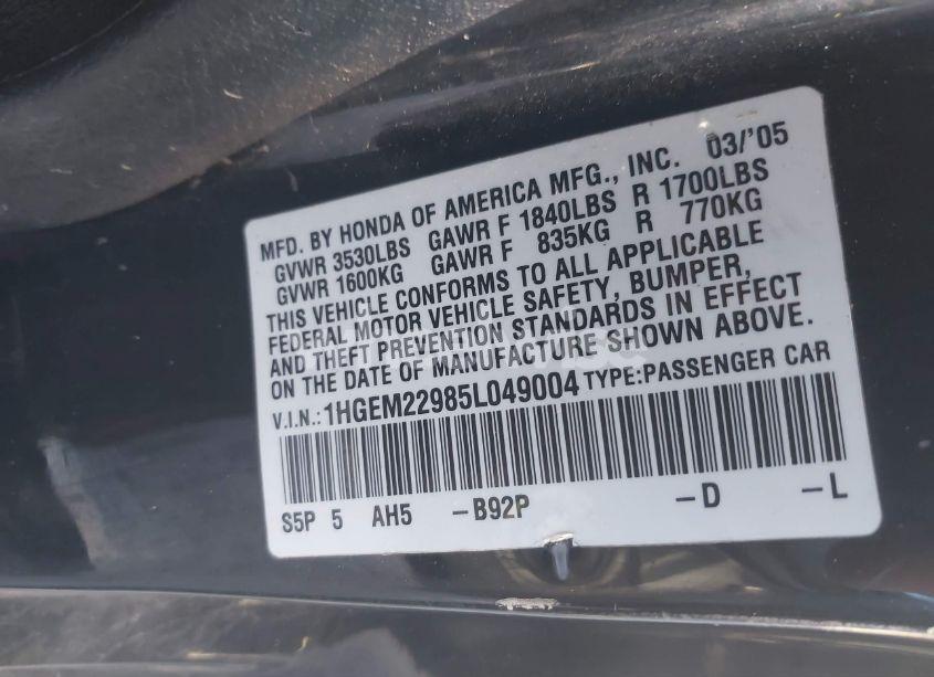 Photo 9 of 2005 Honda Civic EX (VIN 1HGEM22985L049004)