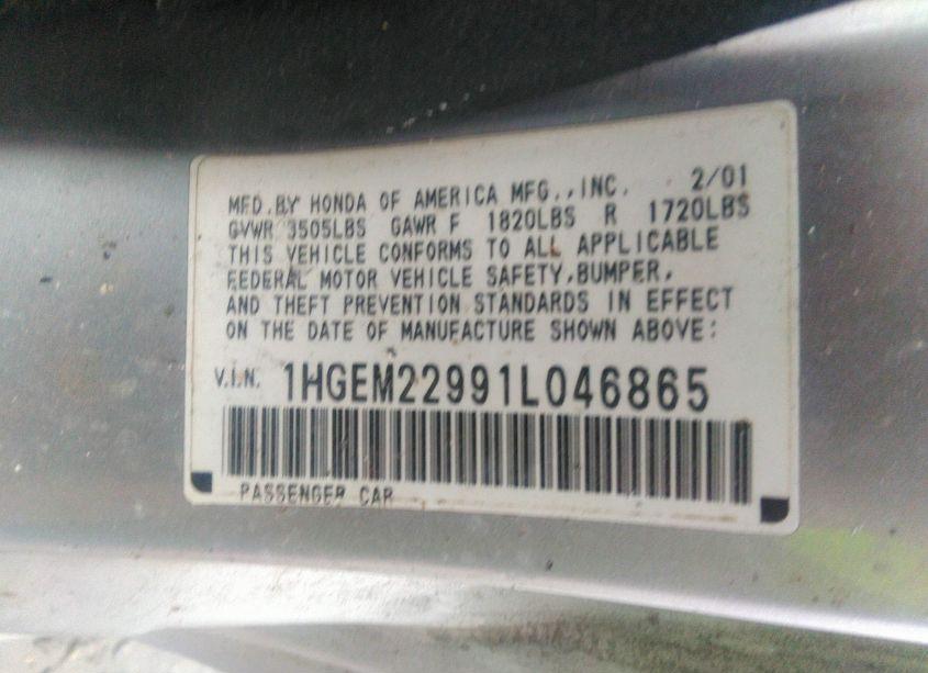 Photo 9 of 2001 Honda Civic EX (VIN 1HGEM22991L046865)