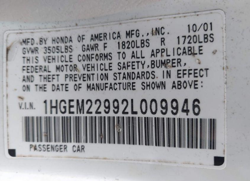 Photo 9 of 2002 Honda Civic EX (VIN 1HGEM22992L009946)