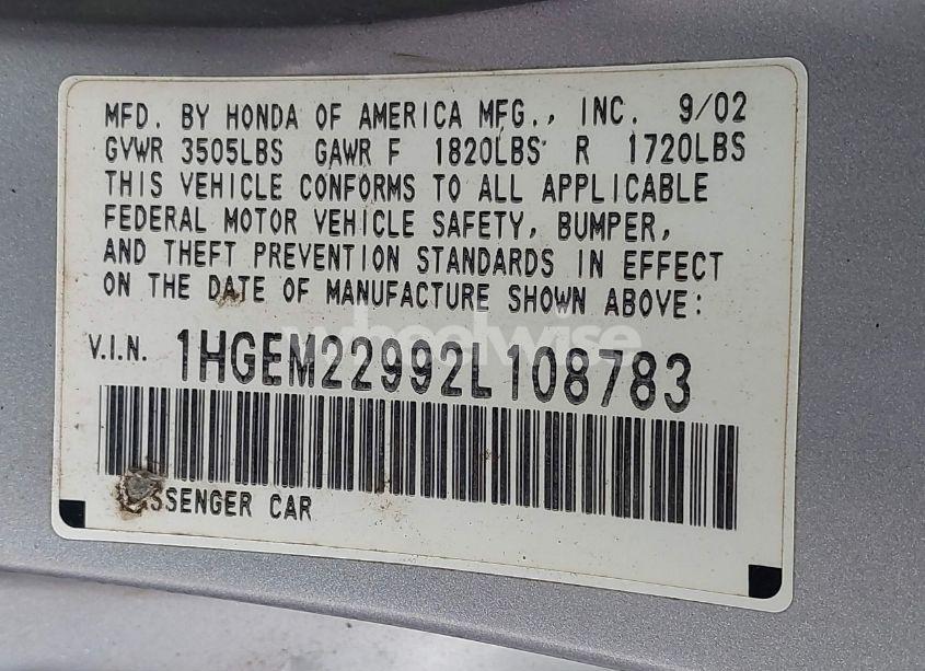 Photo 9 of 2002 Honda Civic EX (VIN 1HGEM22992L108783)