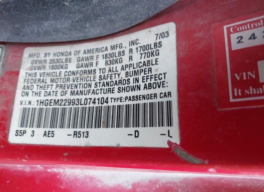 Photo 9 of 2003 Honda Civic EX (VIN 1HGEM22993L074104)