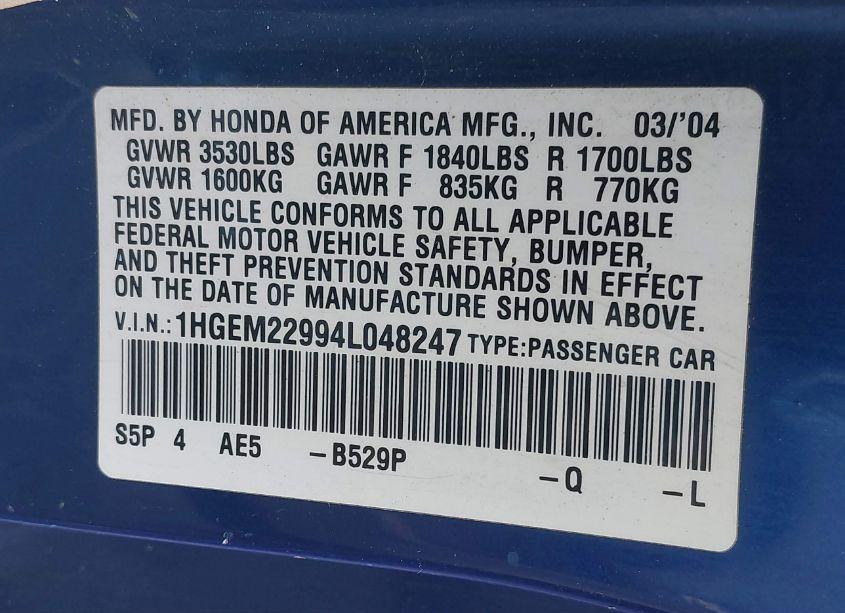 Photo 9 of 2004 Honda Civic EX (VIN 1HGEM22994L048247)