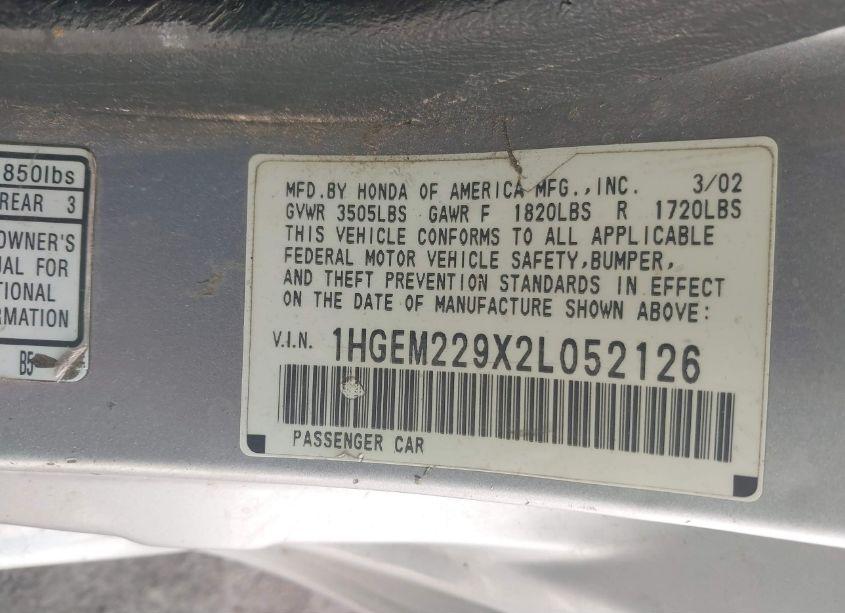 Photo 9 of 2002 Honda Civic EX (VIN 1HGEM229X2L052126)