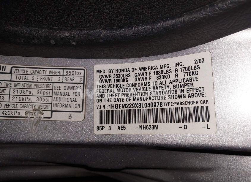 Photo 9 of 2003 Honda Civic EX (VIN 1HGEM229X3L040978)