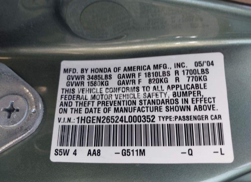Photo 9 of 2004 Honda Civic (VIN 1HGEN26524L000352)